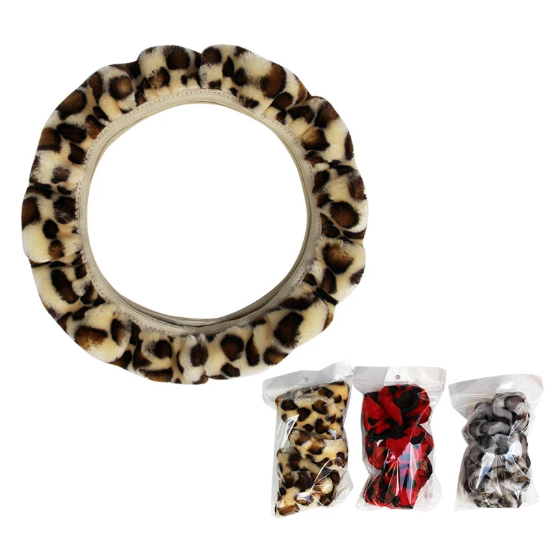 Leopard Steering Wheel Cover Print Plush Elastic Section Car Steering Wheel Braid Cover Auto DIY Car Accessories Anti-Slip Soft