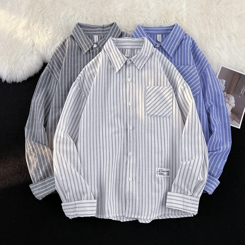 

Striped Long Sleeve Men's Shirt Autumn Design Sensation Hip Handsome Hong Kong Style Casual Outerwear Youth Fashion