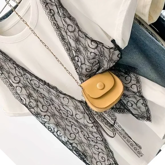 Large Size Women's Clothing Summer New Loose And Thin Meat-covering Design Lace Splicing Two-piece Short-sleeved T-shirt