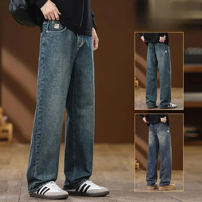 Loose Straight Autumn Winter Jeans Korean Fashion High Street Retro Simple Versatile Pants Personality Wide Denim Trousers Male