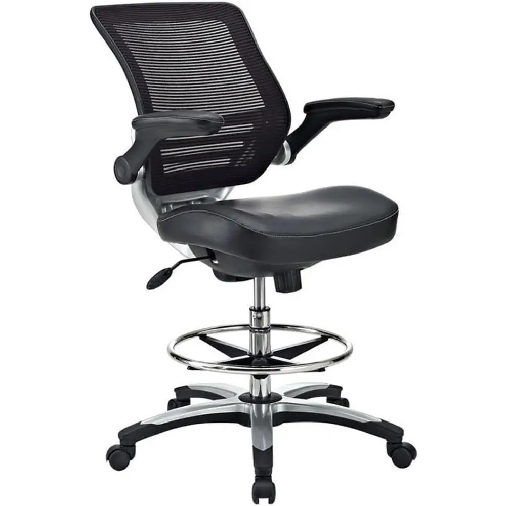 Taburete de dibujo de cuero y malla de 49 pulgadas con brazos acolchados, ruedas dobles, altura ajustable para el hogar o la oficina, acabado negro/cromo