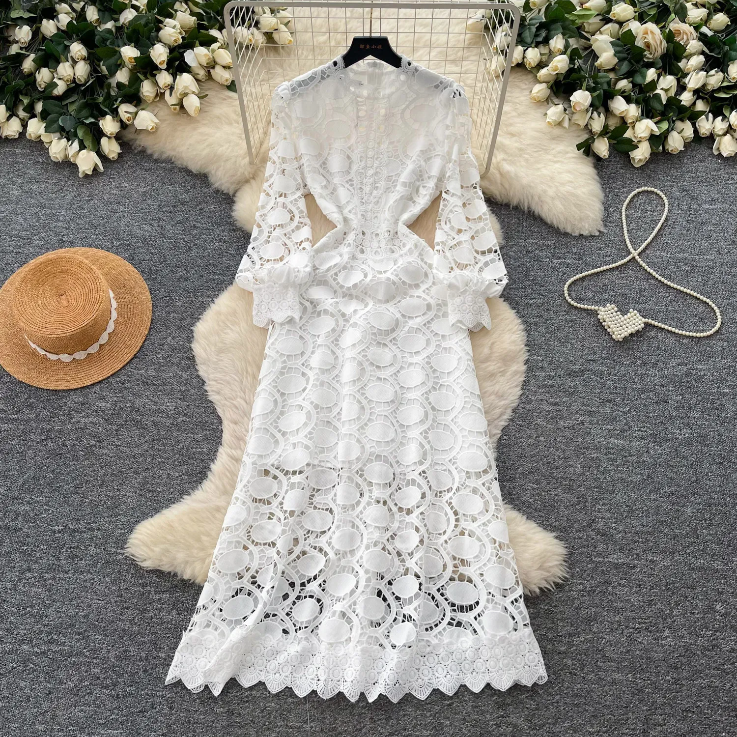 Women Crochet Openwork Dresses A Line Solid Dress Ankle Lenth O Neck Lantern Sleeves Waist Cinch Slim Casual Elegant 2026 Summer