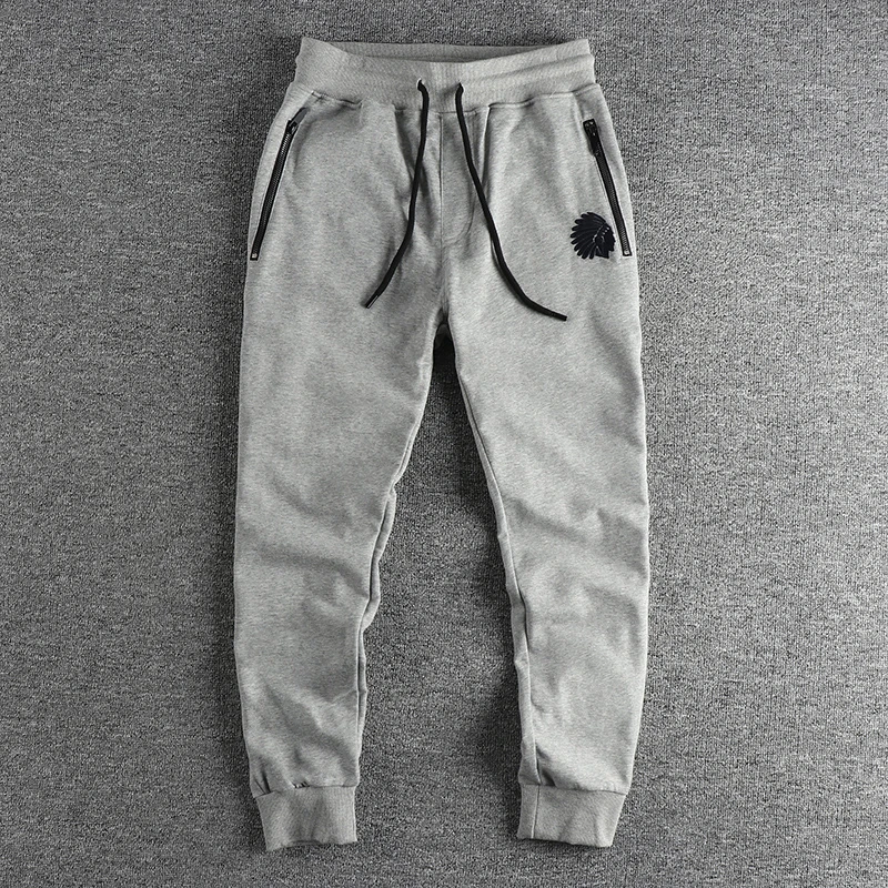 الرجال تيري محبوك Sweatpants ، مرونة الخصر الرباط السراويل ، السراويل ضئيلة غير رسمية ، التطريز الرجعية الأمريكية ، السراويل الرياضية بسيطة ، الشباب ، الخريف