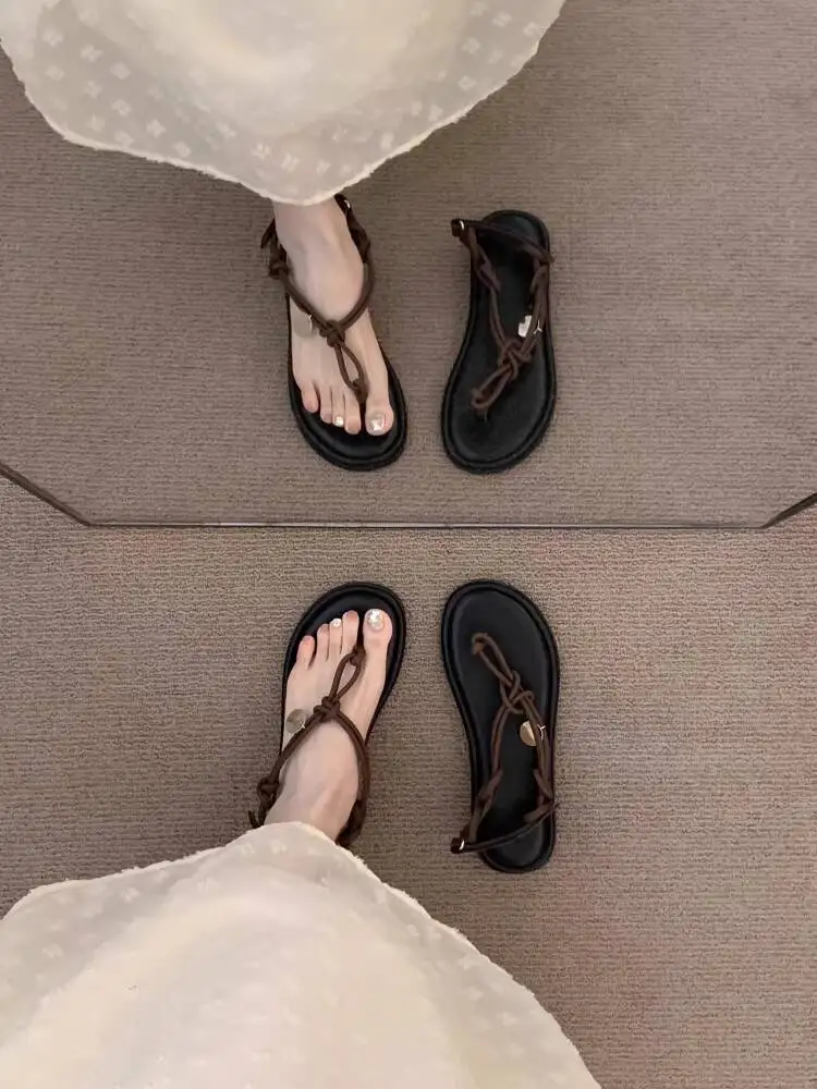 

2026 New Spring Summer Women's Retro Coffee French Thin Strap Sandals Fairy Style Flat Roman Shoes For Vacation Daily Outdoor