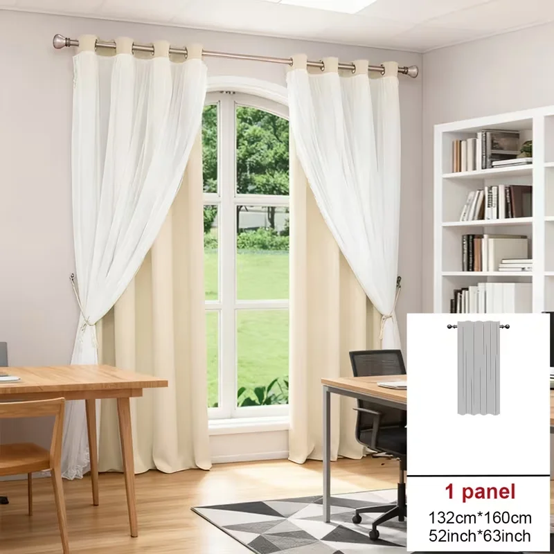 1pc Beige Double Layer Curtain, Grommet Blackout Drape with White Sheer Tulle, Thermal Insulated Window Curtain for Bedroom Livi