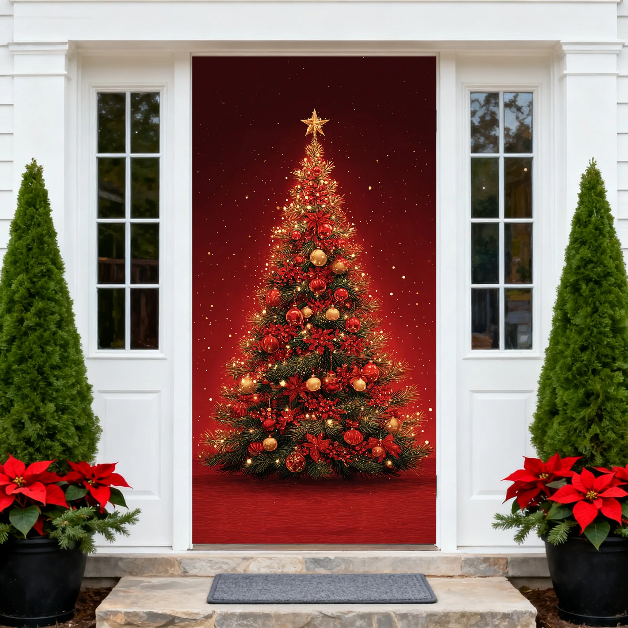 

Christmas tree snowman Theme background door cover Christmas red winter solid color festival door room decoration backdrop