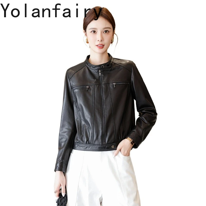 YOLANFAIRY 100% Genuine Leather Jacket Women New Spring Autumn Real Sheepskin Coat Short Elegant Leather Jackets Casaco Feminino