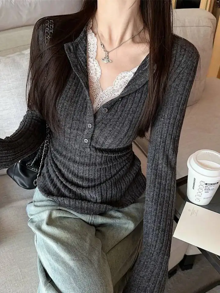 Fashion Vintage Lace Knitted Top Slimming Long Sleeve Base Layer Commuting Spring Autumn Fake Two-Piece T-Shirt Women's Top