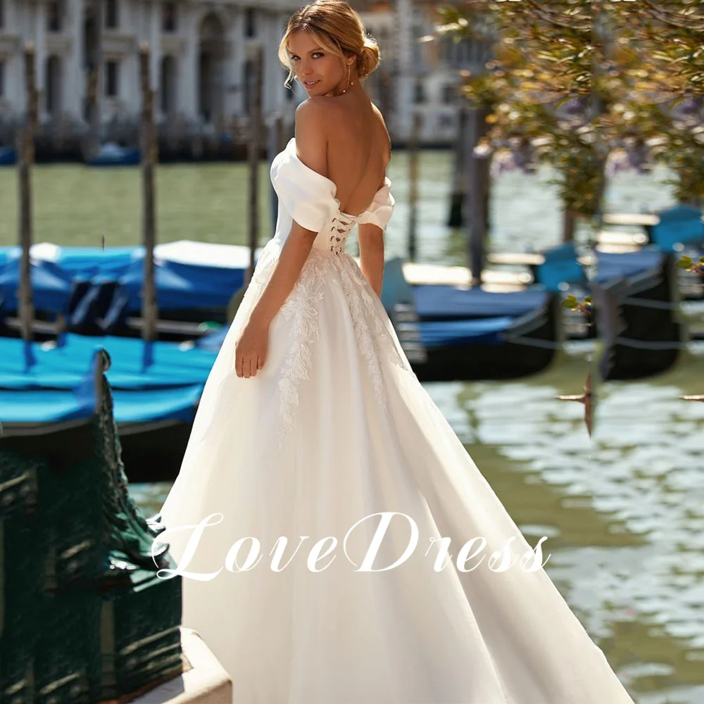 LoveDress-Vestido De Novia línea A con cuello en V, hombros descubiertos, con cordones, apliques modernos sin espalda, Vestido De Novia personalizado