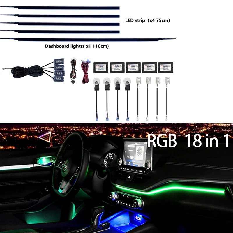 NONE LED Umgebungslicht Auto Innenbeleuchtung Streifen Neon RGB Umgebungslampe Auto Auto Dekoration Zubehör 18/10/6 in 1, 64 Farben 3