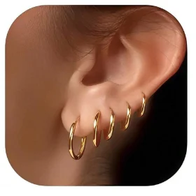 5 Pairs 14K Gold Plated Huggie Hoop Earrings For Women Men  Small Hoops,  Everyday Jewelry Multiple Piercing Stack Set