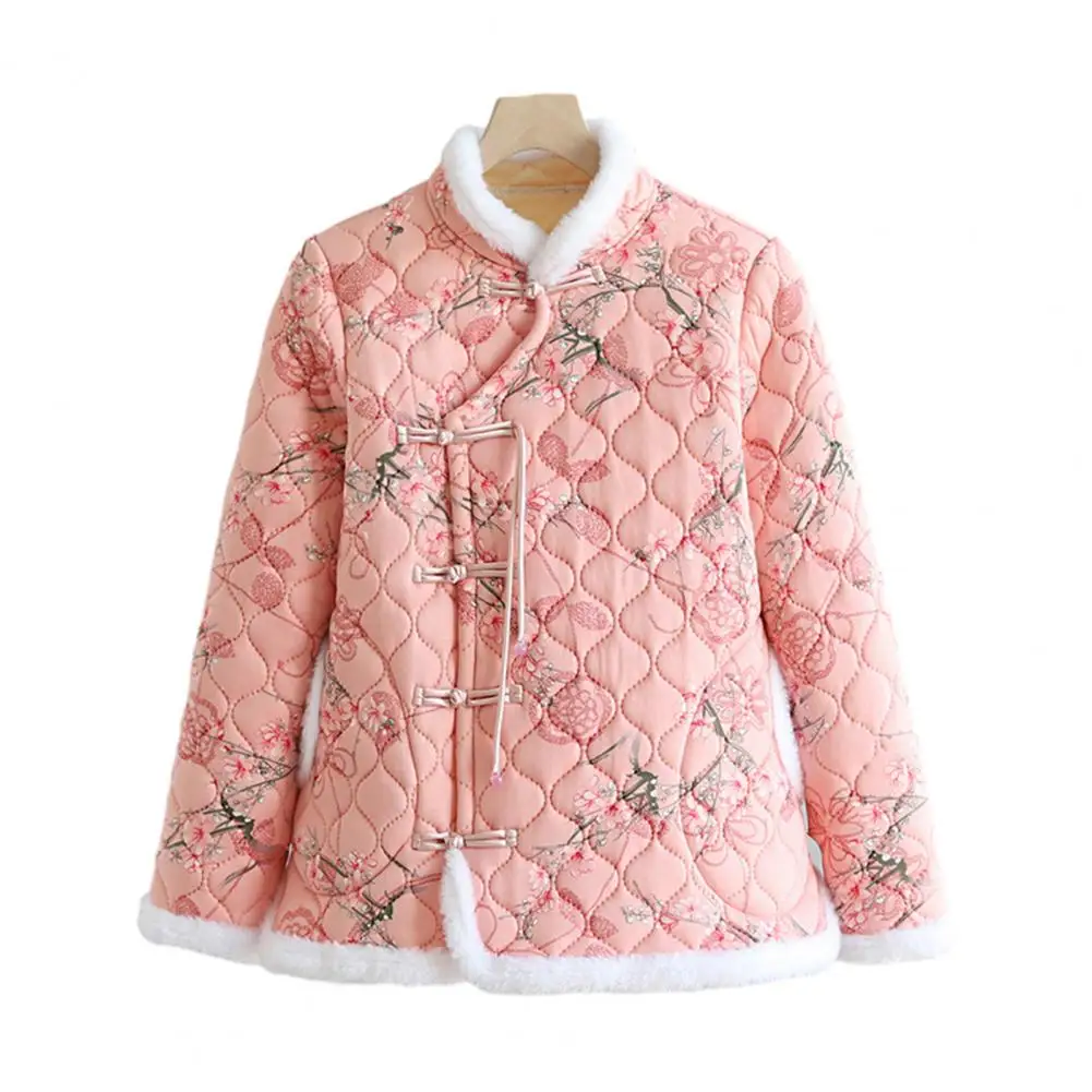 Chaqueta acolchada de algodón para mujer, abrigo de estilo chino con botones de disco, patrón de flores, forro polar grueso, prendas de vestir, Otoño e Invierno