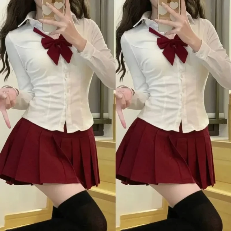 Camisa Jk blanca de cintura delgada Kawaii japonesa para mujer + Y2k Vintage dulce Casual faldas acampanadas plisadas 2025, novedad de verano, conjuntos de dos piezas