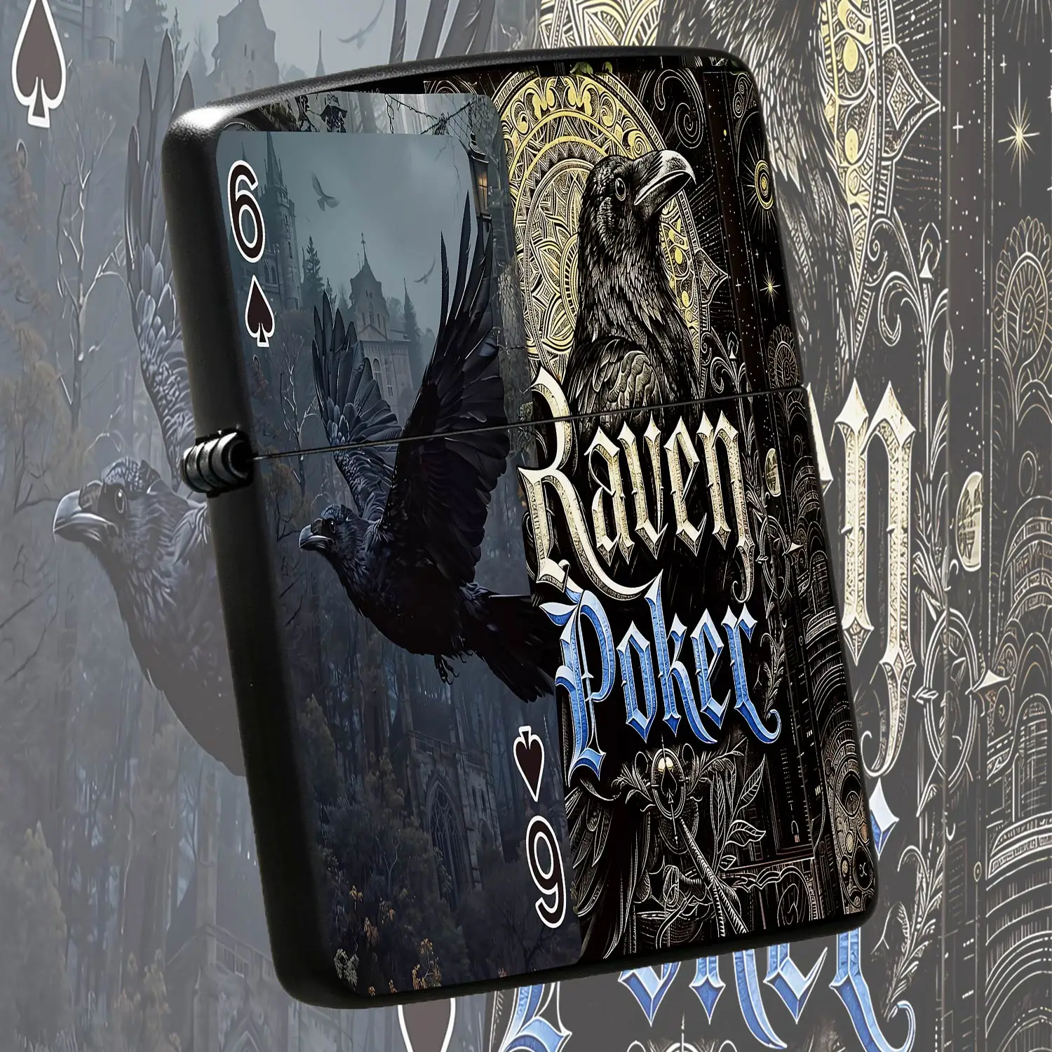 Raven Poker Themed Decorative Lighter Vintage Gothic Dark Style Ornate Playing Card Pattern Portable Lighter For Daily Travel Outdoor Multi Scenarios Unique Exquisite Practical Gift For Friends Family Trendy Stylish Sou A Humorous And Inter