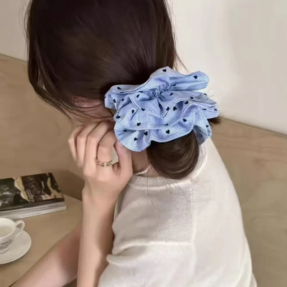 Scrunchies Koreanischer Stil Blau Gestreiftes Herzförmiges Plissee Haarband Damen Haargummi Süßer Stil Haargummi Kawaii Haarschmuck