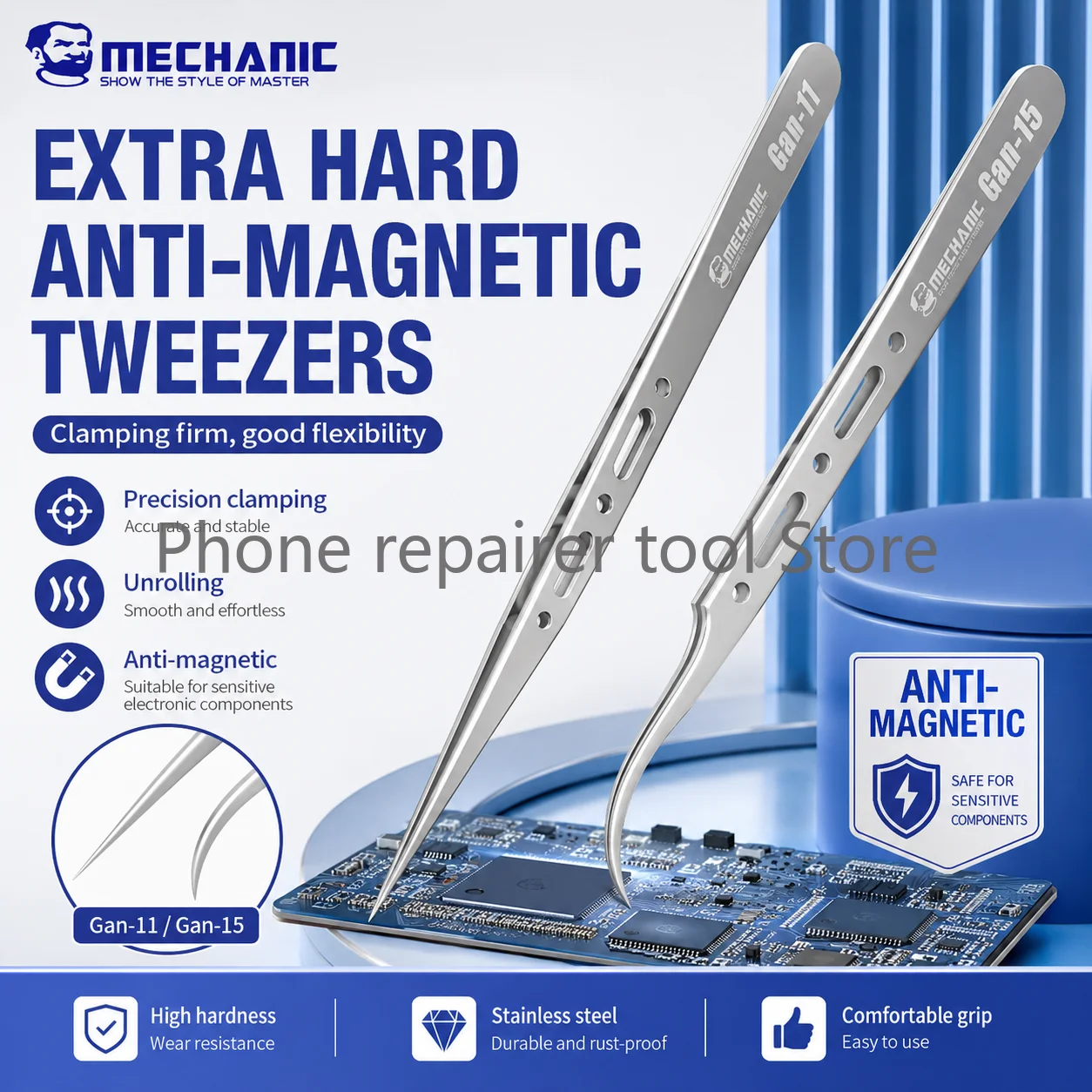 MECHANIC Tweezers GAN-15 GAN-11 Mobile Phone Repair Fingerprint Flying Wire Anti-magnetic Precision Components Fine Tip Clip