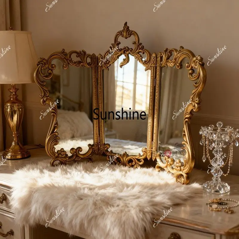 

French retro makeup mirror European carved tri-fold vanity mirror