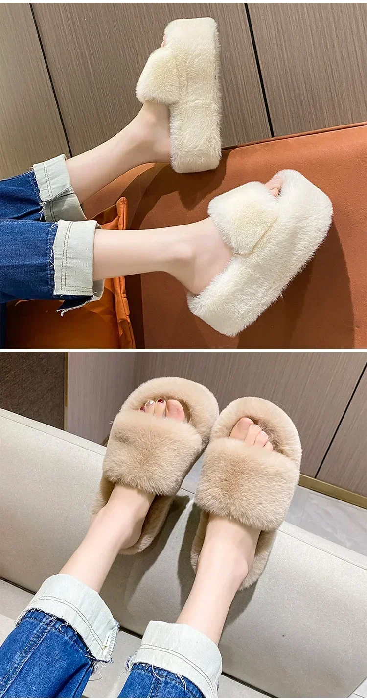 Hausschuhe aus Plüschfell, Flauschige Flip-Flops, Luxuriöse Slip-On-Plateau-Schuhe für Damen, Modeschuhe 2024, Zapato De Mujer Designer – Detail 8