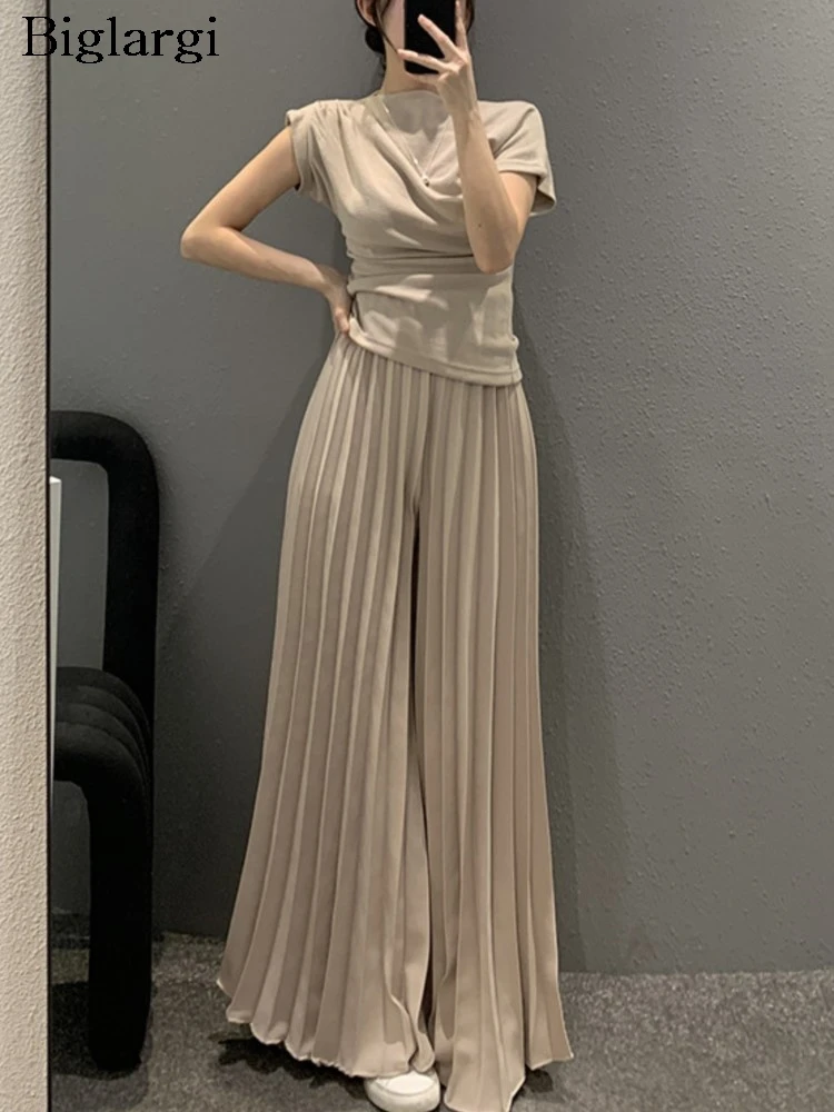 Spring Summer High Waist Long Pleated Pant Women Korean Style Loose Pleated Wide Leg Ladies Trousers Fashion Casual Woman Pants