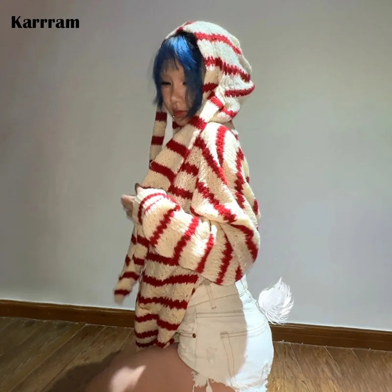 

Karrram Japanese Y2k Hooded Cardigan 2000s Aesthetics Rabbit Ears Zipper Knitwear Vintage Harajuku Red Stripe Sweater Grunge