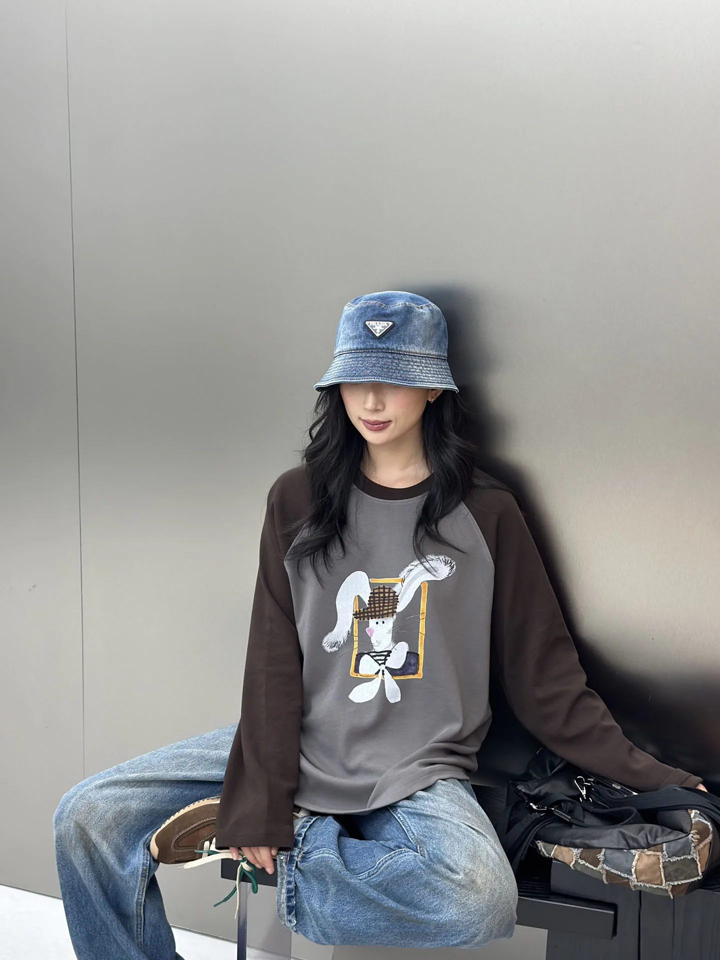 

Повседневная универсальная женская футболка с длинными рукавами и принтом кролика, хлопковая, удобная, дышащая, с круглым вырезом, для повседневной носки