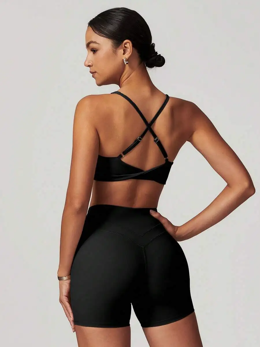 

Womens Sportswear Set Yoga Bra And Shorts High Elasticity Breathable Fitness Wear Black