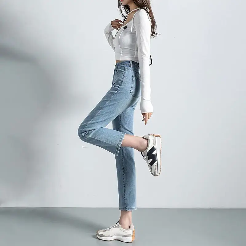 High Waist Jeans Women's Spring New Light Color Versatile Elastic Slim Fit Korean Edition Simple Straight Leg Pants