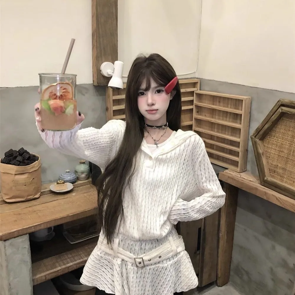 Sweet Pure Desire Elegant Casual Ropa Mujer Hoody Hollow Out Slim Waist T-shirt Ruffles Elegant Premium Minority Female