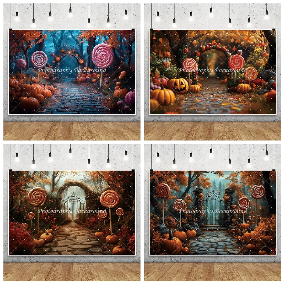 ハロウィン写真撮影背景 怖い鉄の門アーチ 黄色の葉 カボチャ ロリポップ 大人 子供 ハロウィンパーティー写真背景
