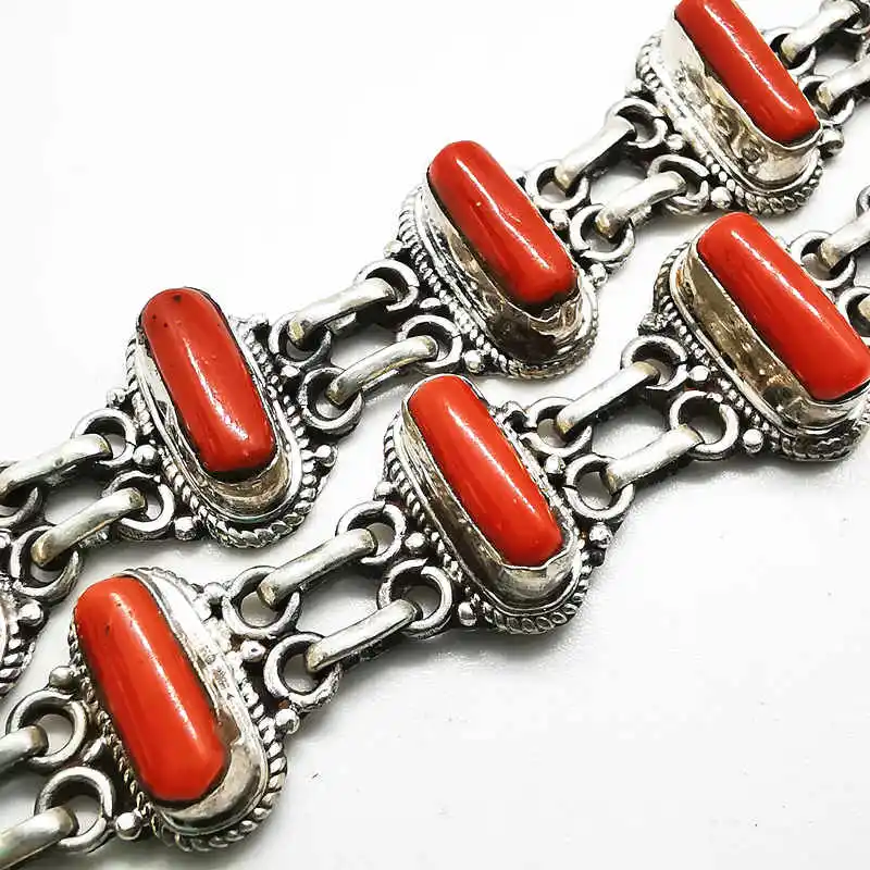 Nepal 925 Sterling Silver Vintage Jewelry Inlay Bamboo Coral Chain Bracelets for Girls T9049