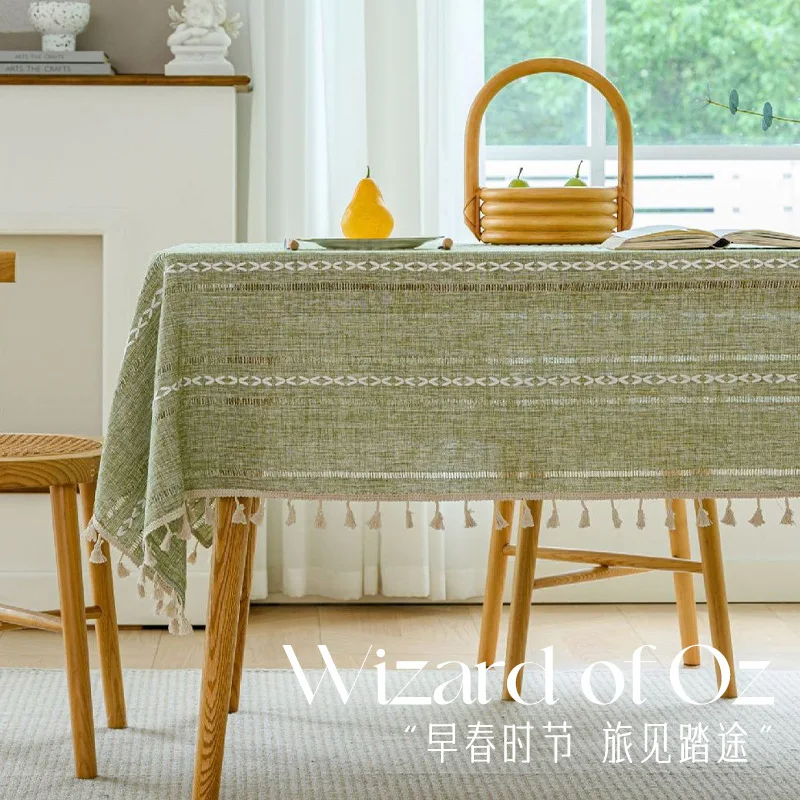 Boho Embroidery Striped Tablecloth, Heavy Weight Farmhouse Cotton Linen Table Cover, Washable Table Cloth for Kitchen Restaurant