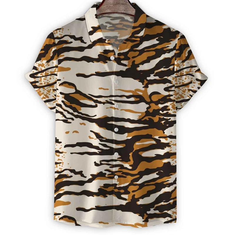 Camisa hawaiana con estampado de leopardo 3d para hombre, Blusa de manga corta con rayas de Tigre, informal, suelta, para vacaciones de verano