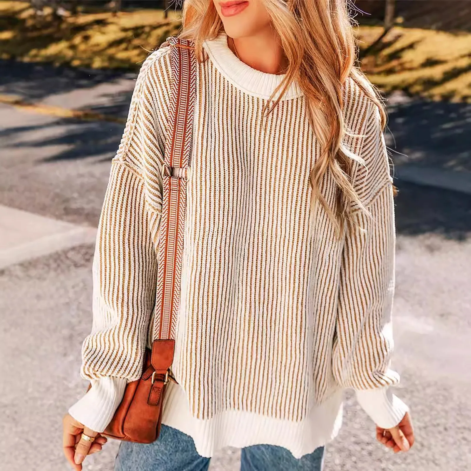 Knitted Sweater Women Loose Fashion Elegant Hoodie Brown Striped Jumper Autumn Winter Basic Warm Pullover Ladies Luxury Knitwear