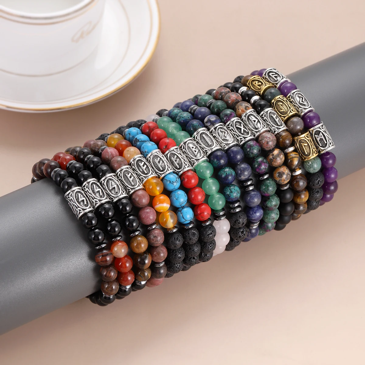 Ethnic Viking Runes Lava Bracelet Women Men 8mm Natural Obsidian Lapis Lazuli Purple Agate Stone Bangles Hombre Viking Pulsera