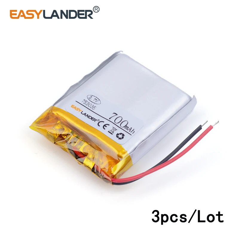 3 unids/lote 753035   Batería recargable del polímero de Li-ion de litio de 3.7V 700mAh para el teclado inalámbrico del ratón mp3