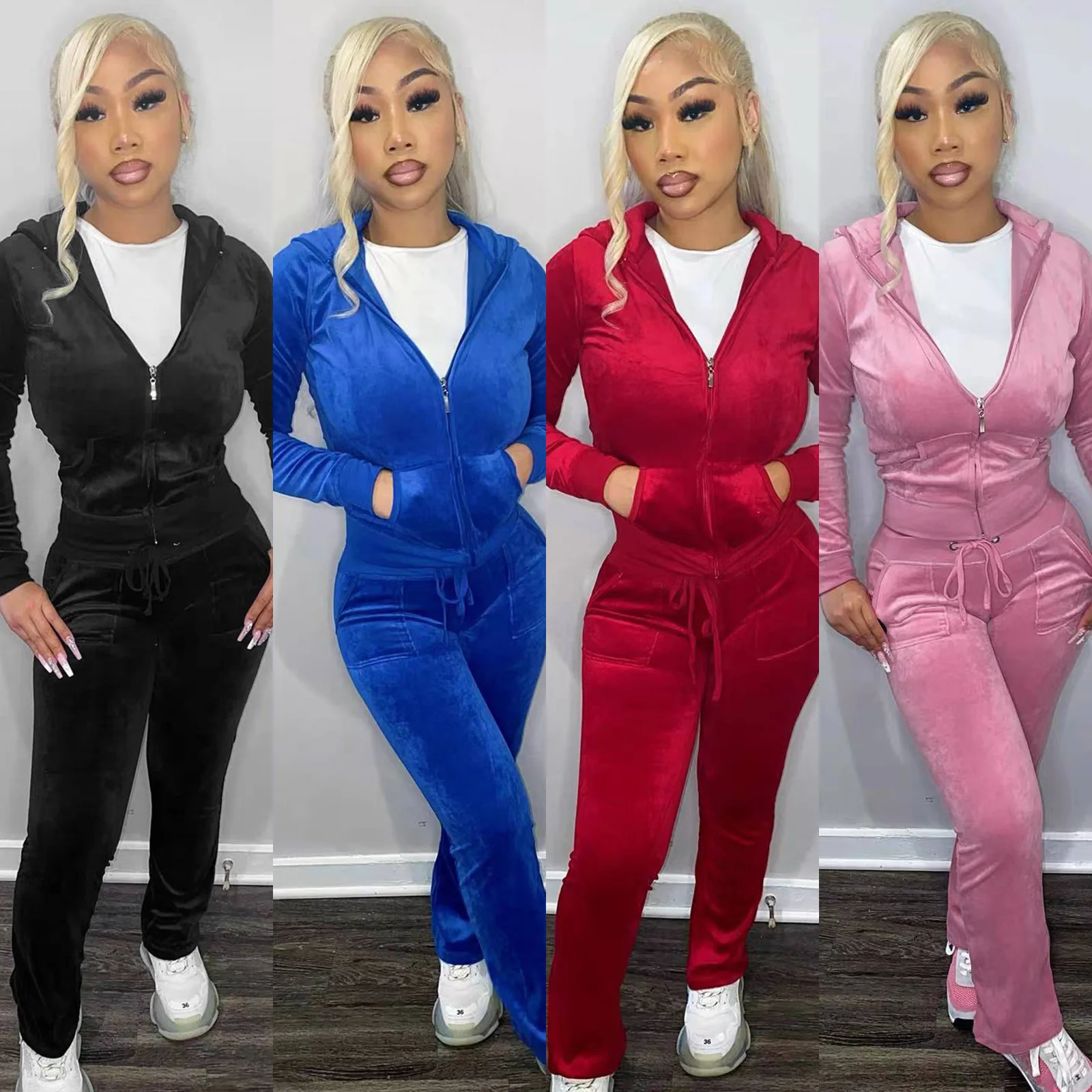 Velour Sweatsuit Spring Outfits Women Sport Suit Zip Up Hoodie Jacket Sweater+pant Running Jogging Workout Casual Set Tracksuit