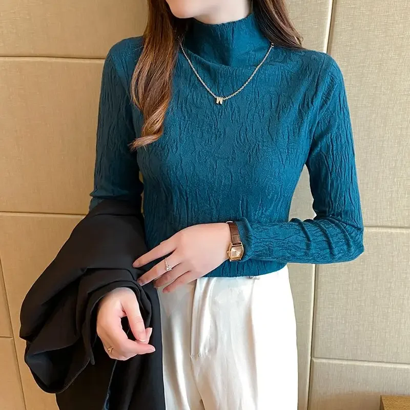 

Fashion Stand Collar Knitted Folds Blouses Women's Clothing Winter Solid Color Casual Pullovers Office Lady Shirts ZL132