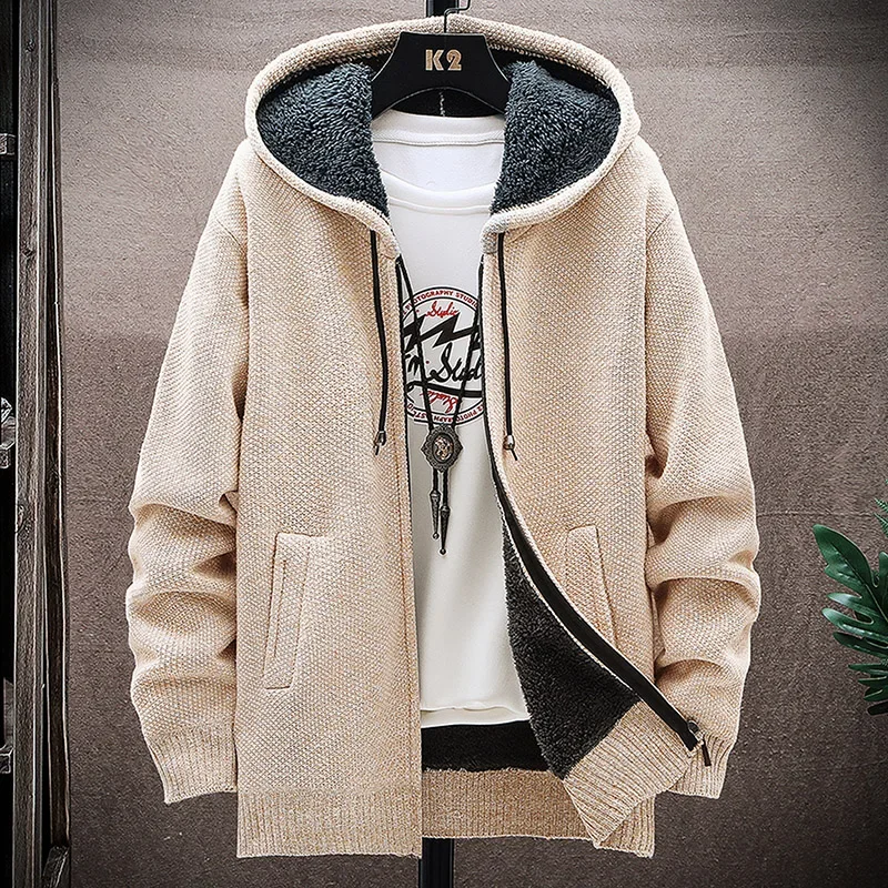 

Autumn and Winter Korean Style Men Solid Cardigan Sweaters Men's Casual Hooded Sweater Coat Zipper Knitted Jacket Male