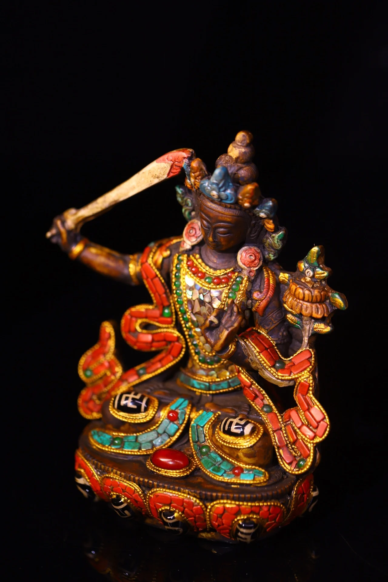 

6"Tibetan Temple Collection Old Yak Bone Mosaic Gem gZi Beads Turquoise Shell Manjusri Bodhisattva Sitting Buddha Worship Hall