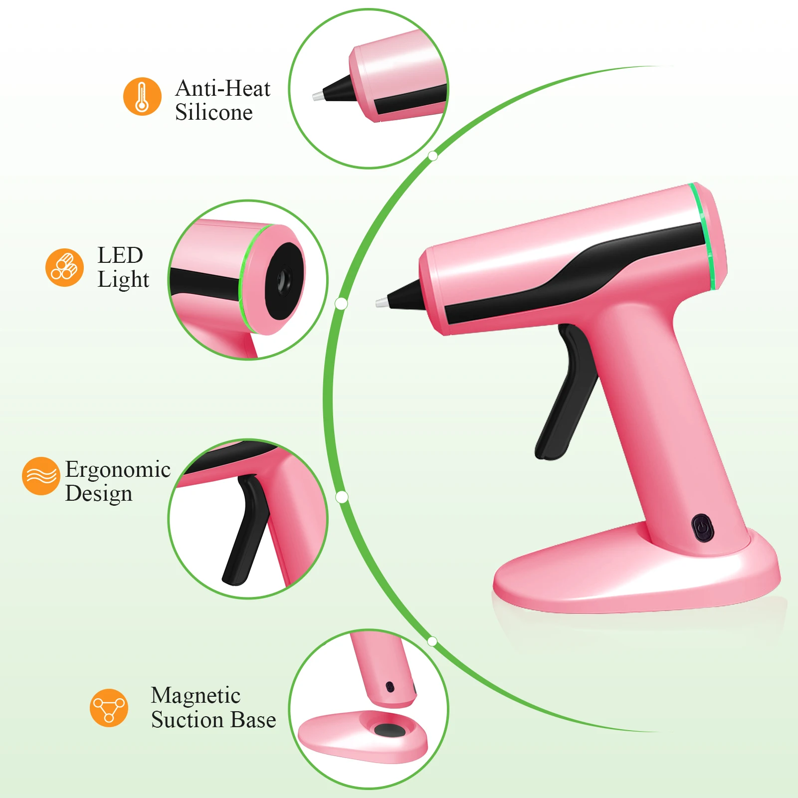Cordless Hot Glue Gun Kit, Pink Rechargeable Smart Power-Off 40 Pcs Premium Glue Sticks 10 Pcs Craft sticks Carrying Case