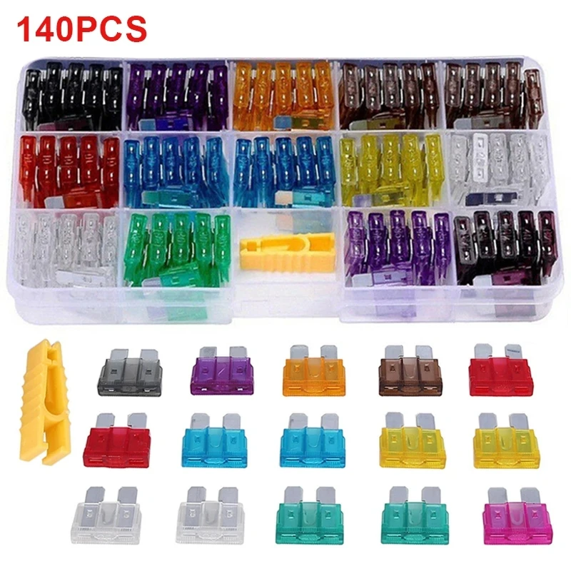 140 pieces medium size car fuse tube box 2A3A5A7.5A10A15A20A25A30A35A40A with clip