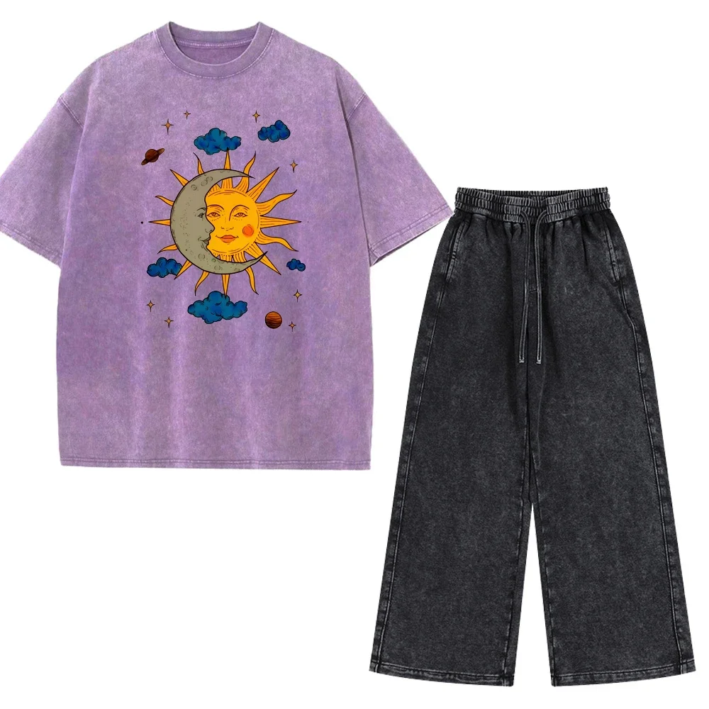 Men's Retro Washed Abstract Painting Style Sun and Moon Face Printing Graphics Plus Drawstring Loose Pants Street Style Suit