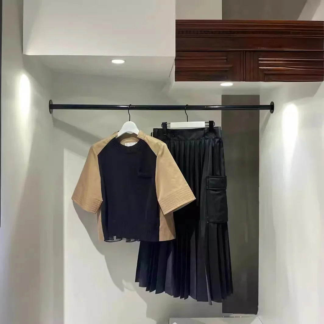 

2025 Spring/Summer New Arrival: Patchwork Short-Sleeved Back Pleated Loose-Fitting Pullover Knitted Top y2k