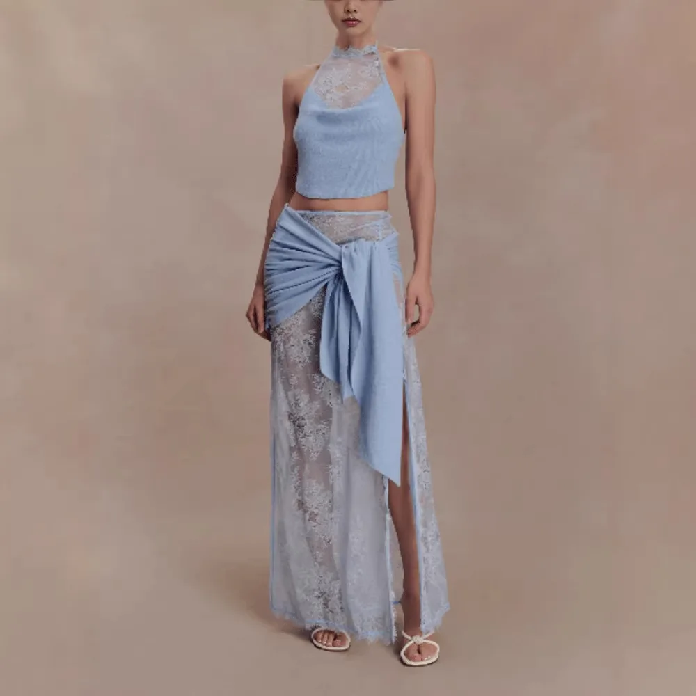 

Sexy Summer Skirt Two Piece Set Women See Through Lace Patchwork Halter Neck Tops Leace-up Slit Skirts 2 Piece Sets Hot Girl