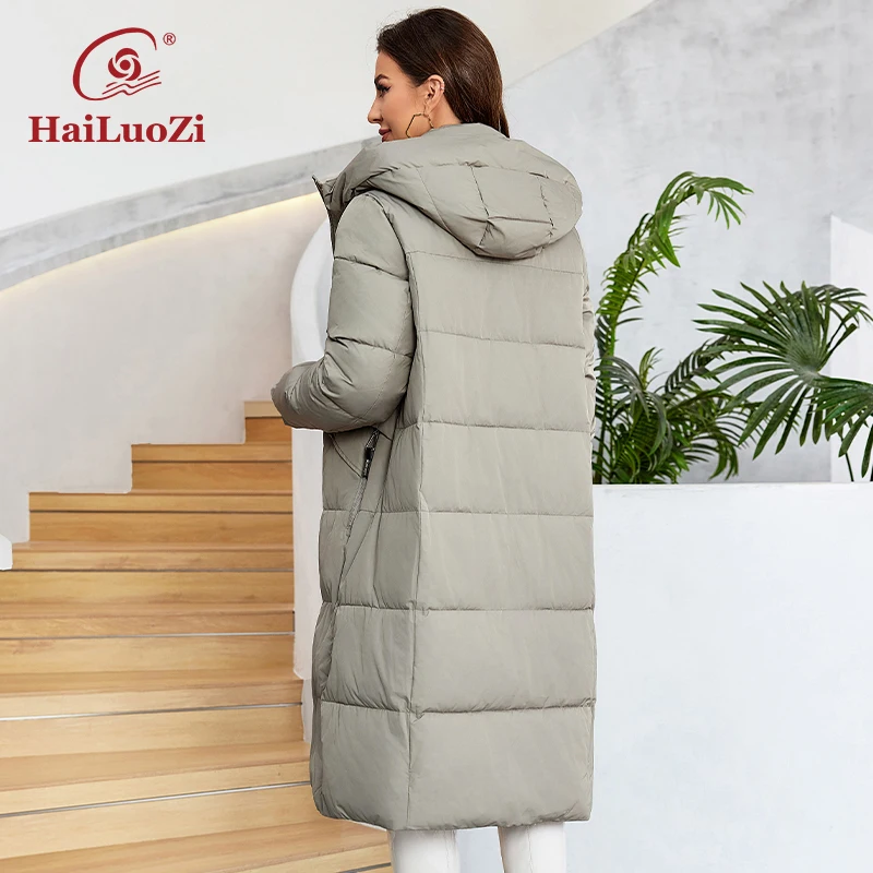 HaiLuoZi 2023 Women Winter Coat Long Thick Parkas Zip Up Warm Female Outwear Slant Pockets Fashion Design Women\'s Jackets 1117