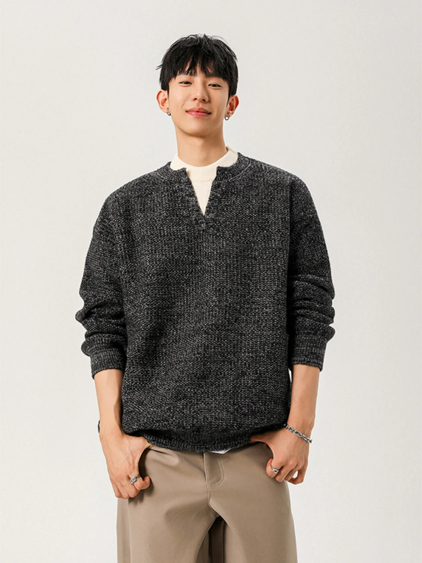 

Мужской свитер в японском ретро-стиле, свободный крой, имитация двухслойности, вязаная верхняя одежда, осенний, повседневный, с длинными рукавами, круглый вырез горловины.