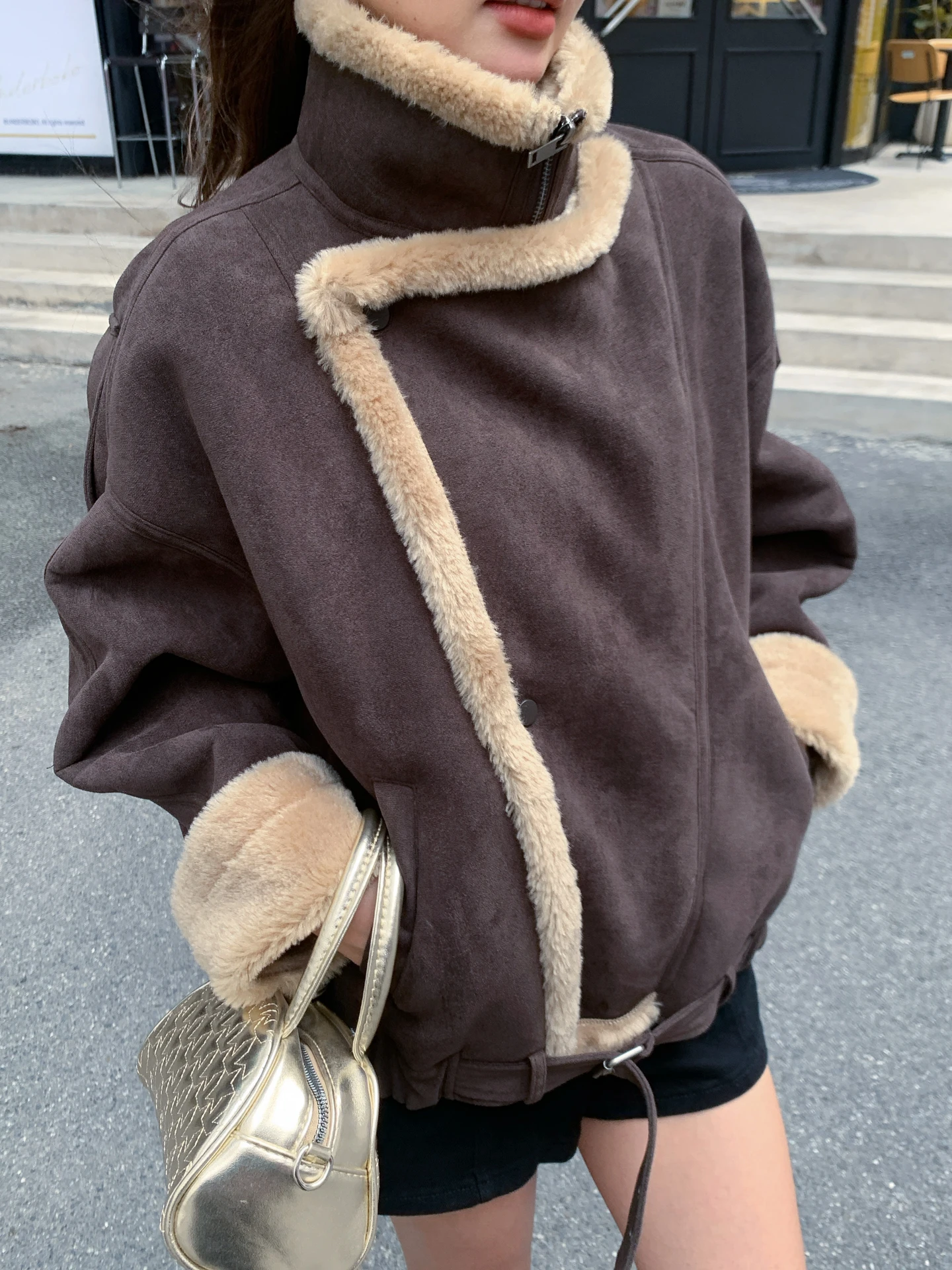 Retro American Fce Lined Suede Jaet Women's Winter New Loose Slimming Cool Motorcycle Jaet Korean Sle ort Coat