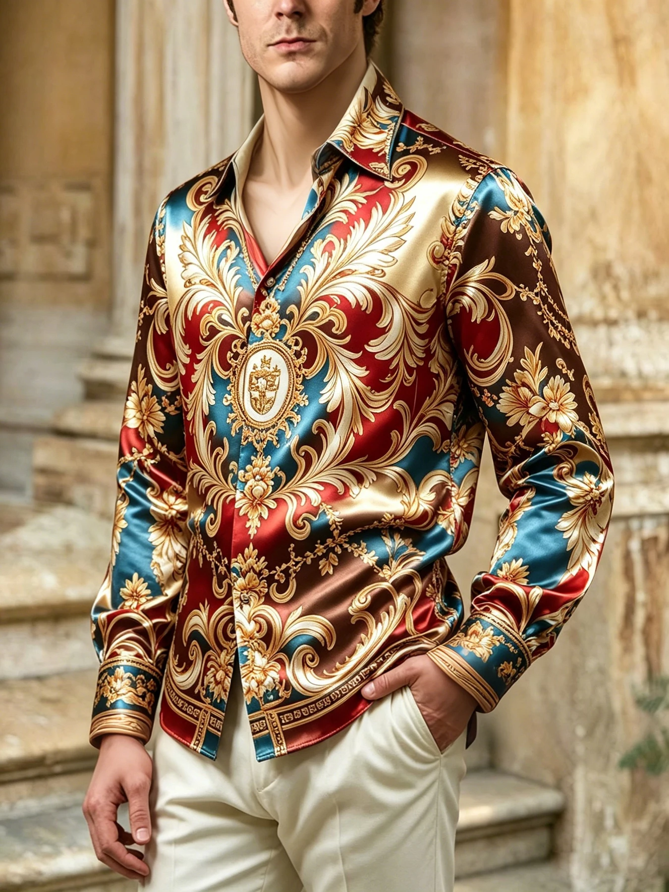 Men's Light Luxury Satin-feel Polyester Smooth Fabric Shirt Long Sleeve Collar Baroque Print Shirt Vacation Leisure Men's Gift