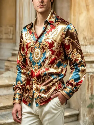 Men's Light Luxury Satin-feel Polyester Smooth Fabric Shirt Long Sleeve Collar Baroque Print Shirt Vacation Leisure Men's Gift