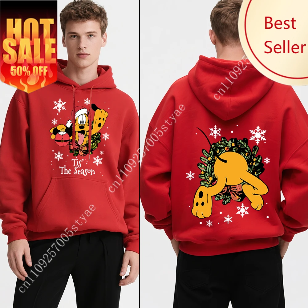 

Disney Pluto Print Mens Fleece Hoodie Sweatshirt Warm Comfortable Pullover for Holiday Travel Christmas Party Casual Winter Wear